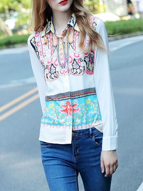 Shein White Lapel Long Sleeve Print Blouse