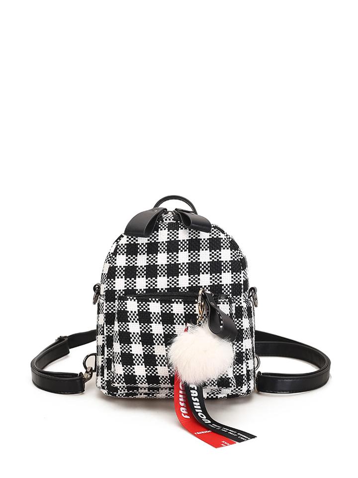 Shein Check Plaid Backpack With Pom Pom