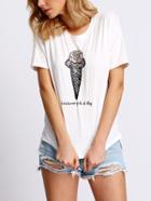 Shein White Crew Neck Ice Cream Print T-shirt