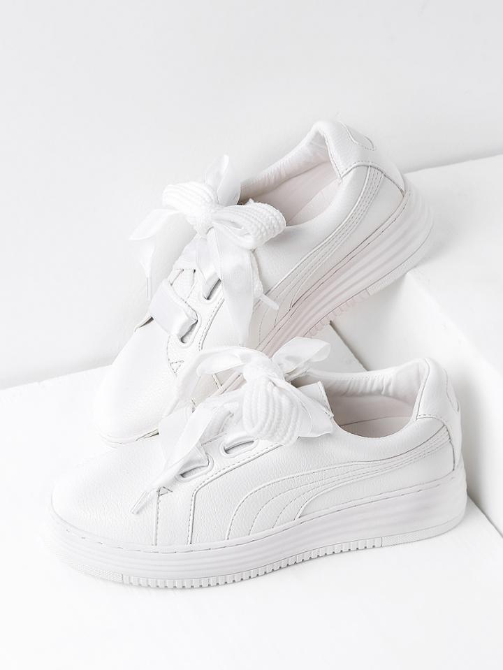 Shein White Lace Up Faux Leather Sneakers