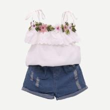 Shein Girls Ruffle Trim Cami Top With Destroyed Denim Shorts