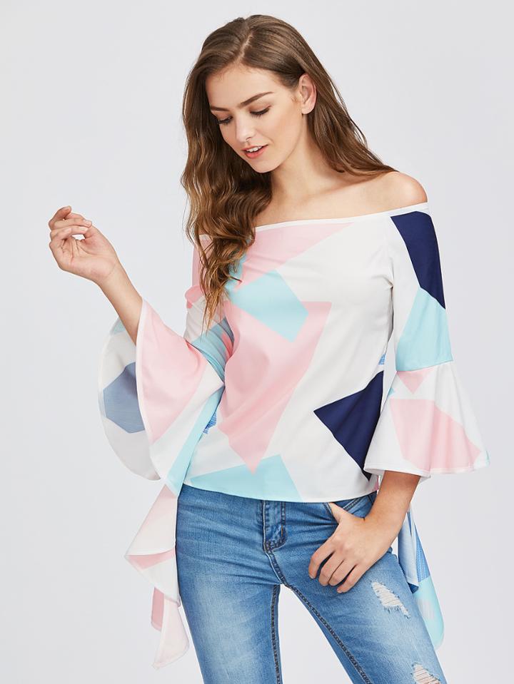 Shein Random Print Bardot Flare Sleeve Geo Top