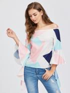 Shein Random Print Bardot Flare Sleeve Geo Top