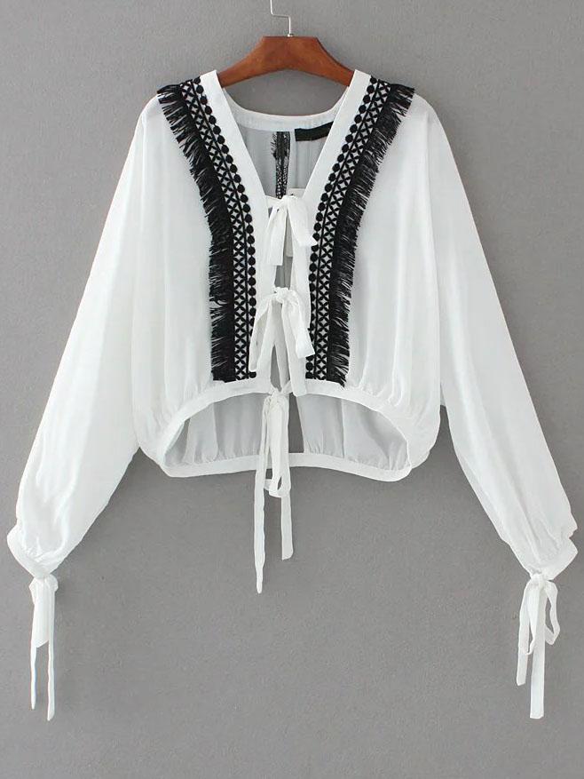 Shein White Eyelash Lace Trim Blouse With Tie