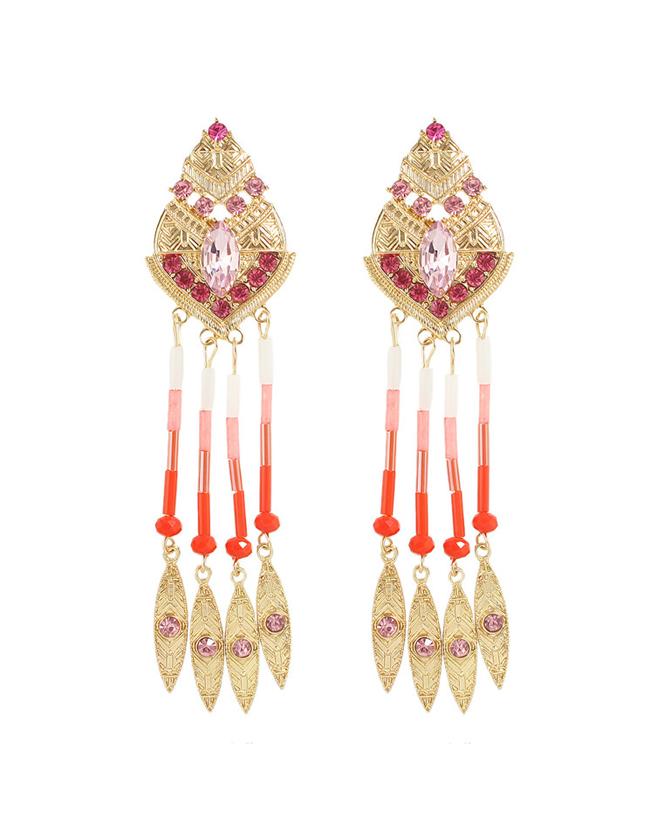 Shein Pink Long Beads Leaf Earrings