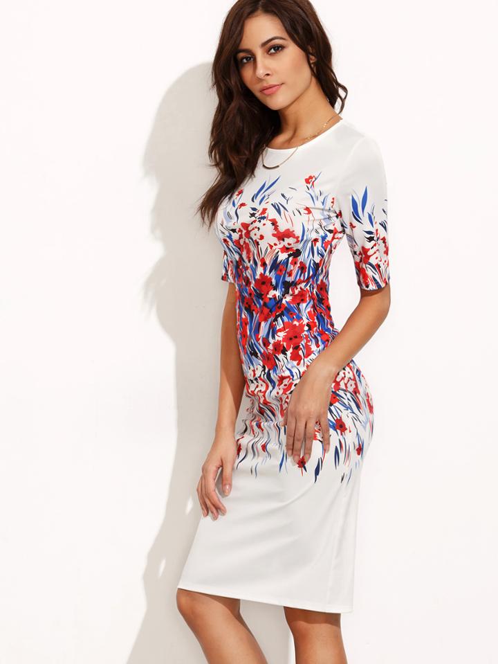 Shein Floral Print Split Back Fitted Dress