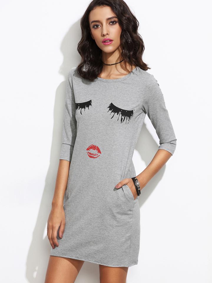 Shein Heather Grey Cartoon Closed Eyes Print Shift Dress
