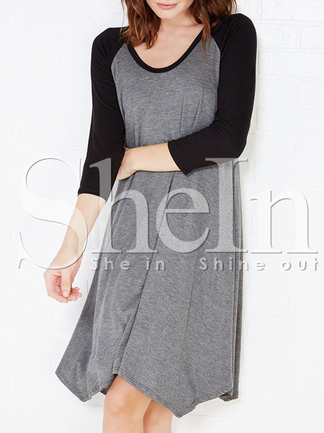 Shein Grey Black Long Sleeve Color Block Asymmetric Dress