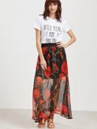 Shein Black Floral Print Mesh Overlay Long Skirt