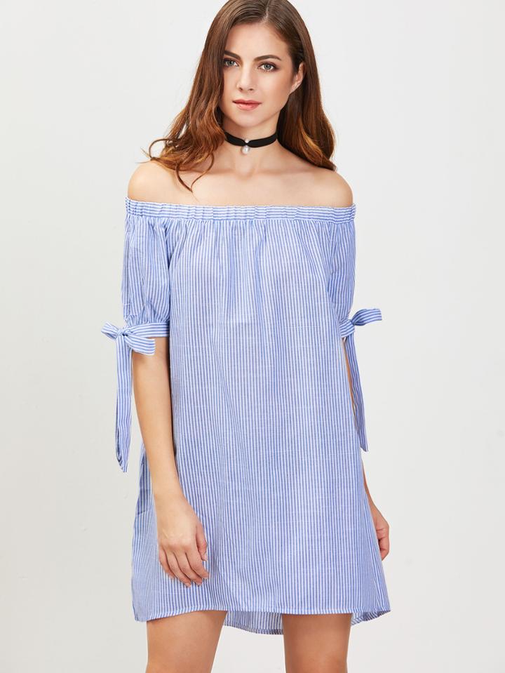 Shein Blue And White Vertical Striped Off The Shoulder Tie Sleeve Dress