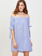 Shein Blue And White Vertical Striped Off The Shoulder Tie Sleeve Dress