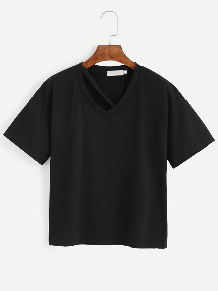 Shein Black Strappy Neck Drop Shoulder T-shirt