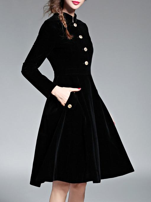 Shein Black Velvet Pockets A-line Dress