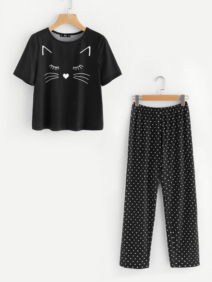 Shein Cartoon Print Top And Polka Dot Pants Pajama Set