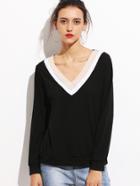 Shein Black Contrast Striped V Neck Sweatshirt