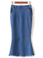 Shein Blue Pockets Fringe Denim Fishtail Skirt