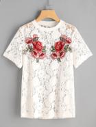 Shein Rose Patch Floral Lace Tee