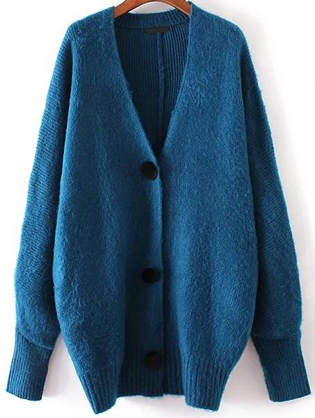 Shein Blue Button Up Loose Sweater Coat