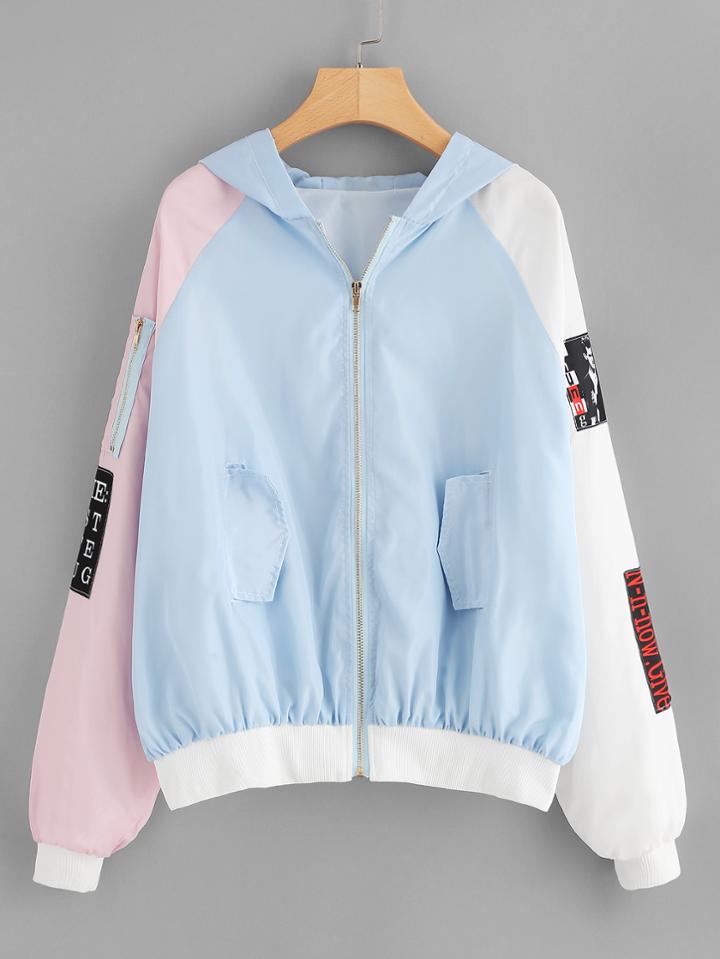 Shein Contrast Raglan Sleeve Patch Detail Hooded Jacket