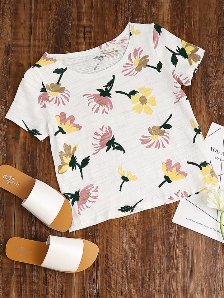 Shein Floral Print Crop T-shirt