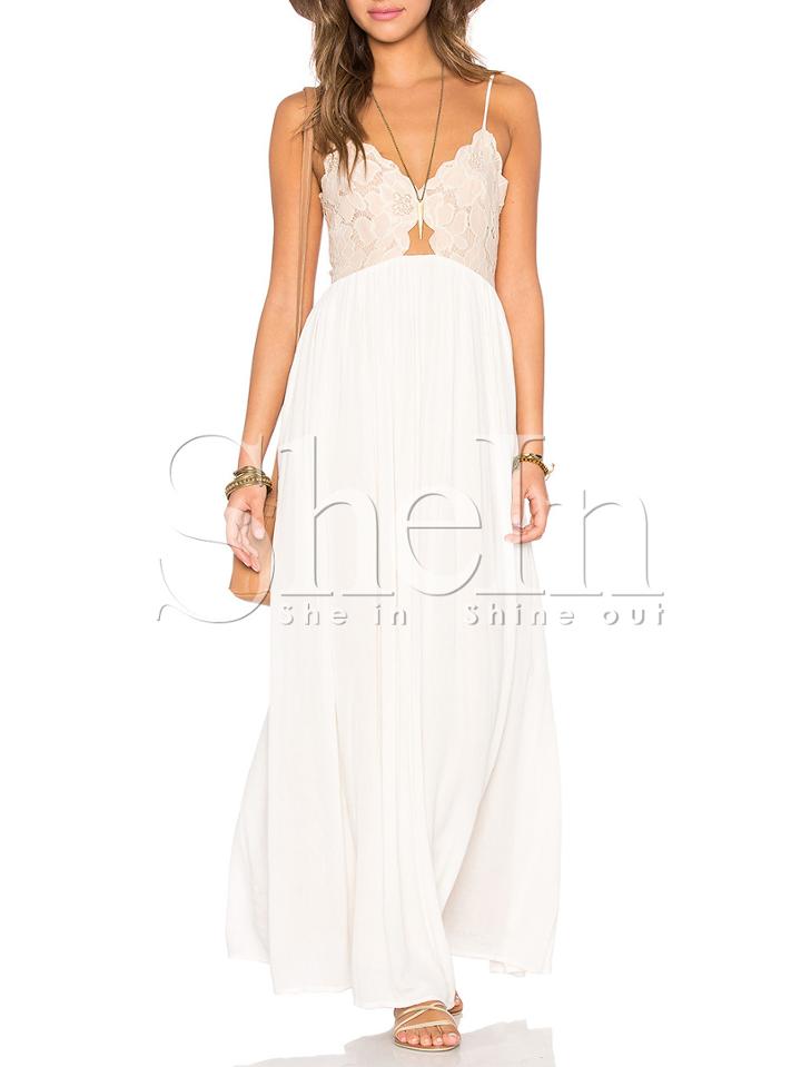 Shein Beige Lace Splicing Spaghetti Strap Maxi Dress