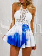 Shein Blue Halter Neck Crochet Tie Back Jumpsuit