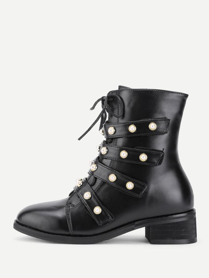 Shein Faux Pearl Strap Front Lace Up Boots