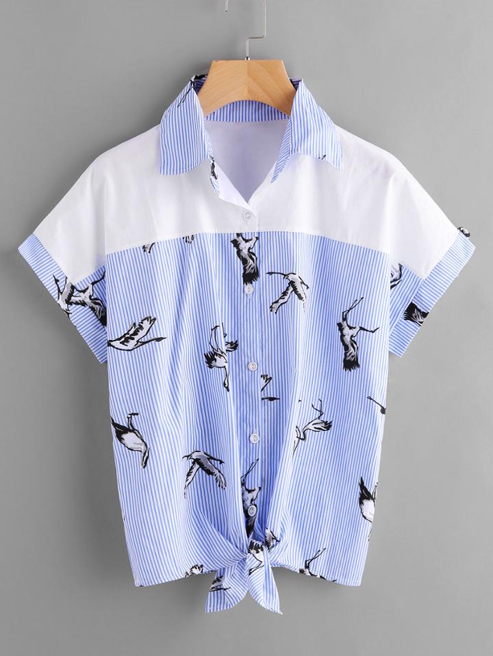 Shein Contrast Yoke Cranes Print Knotted Hem Shirt