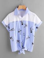 Shein Contrast Yoke Cranes Print Knotted Hem Shirt