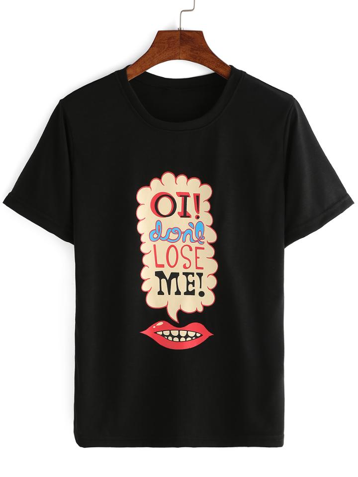 Shein Black Lips Print T-shirt