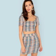 Shein Scoop Neck Plaid Crop Top & Skirt Set