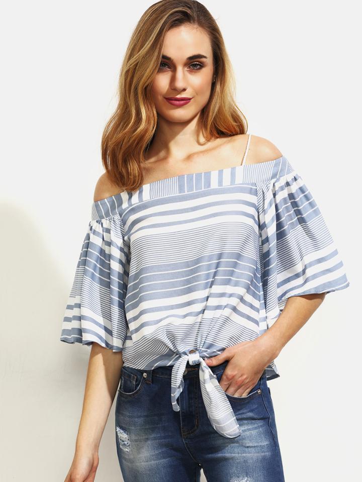 Shein Blue Striped Cold Shoulder Tie Hem Blouse