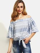 Shein Blue Striped Cold Shoulder Tie Hem Blouse