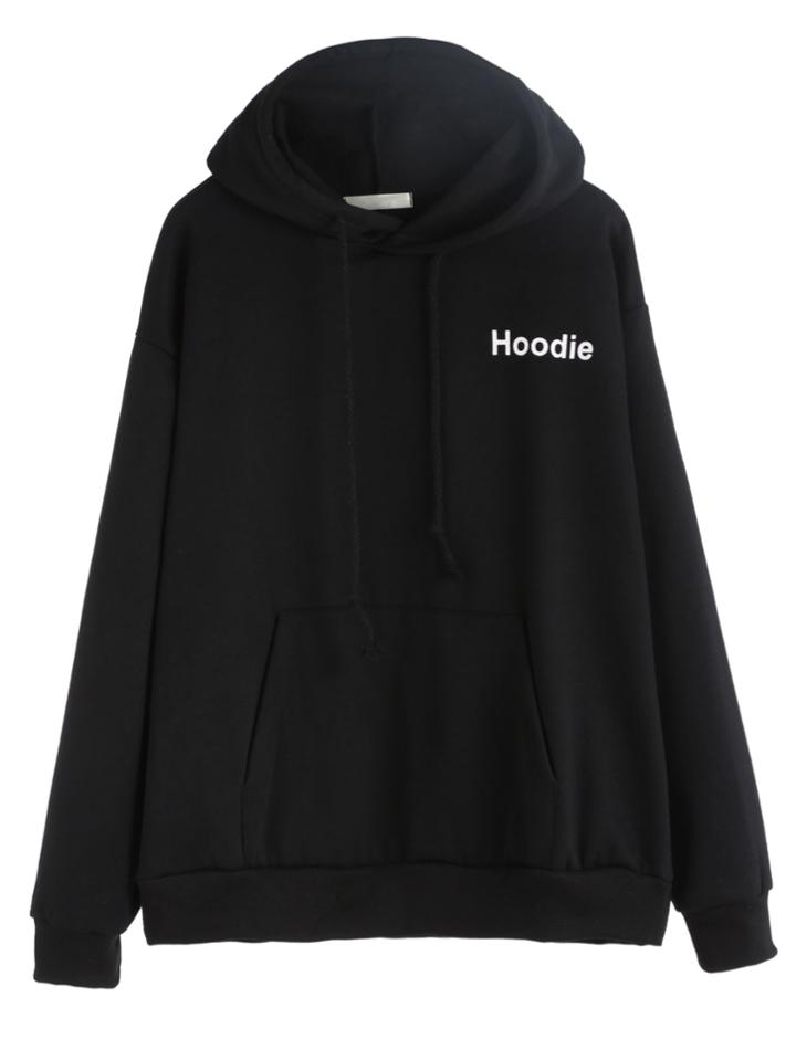 Shein Black Letters Print Pocket Hooded Sweatshirt