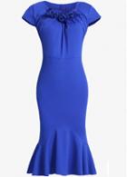 Rosewe Cap Sleeve Artificial Flower Decorated Blue Dress