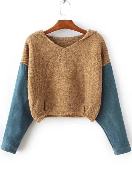 Shein Ginger Hooded Sweater With Contrast Denim Sleeve