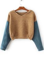 Shein Ginger Hooded Sweater With Contrast Denim Sleeve