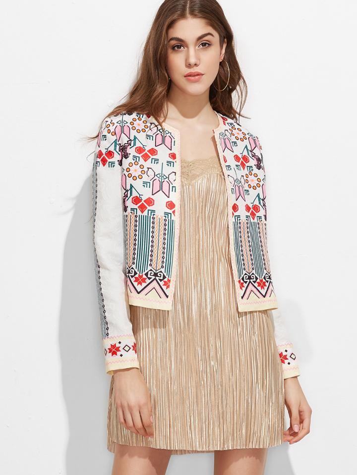 Shein Multicolor Geometric Print Collarless Jacquard Jacket