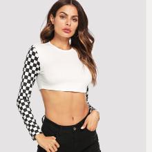 Shein Plaid Print Sleeve Crop Tee