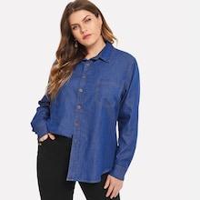 Shein Plus Pocket Patched Button Denim Shirt