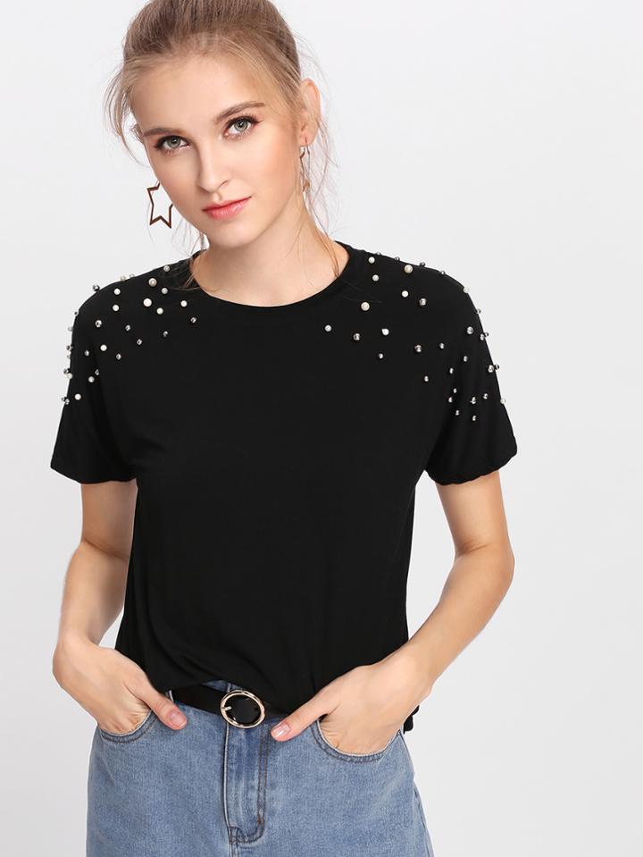 Shein Pearl Beaded Shoulder Top