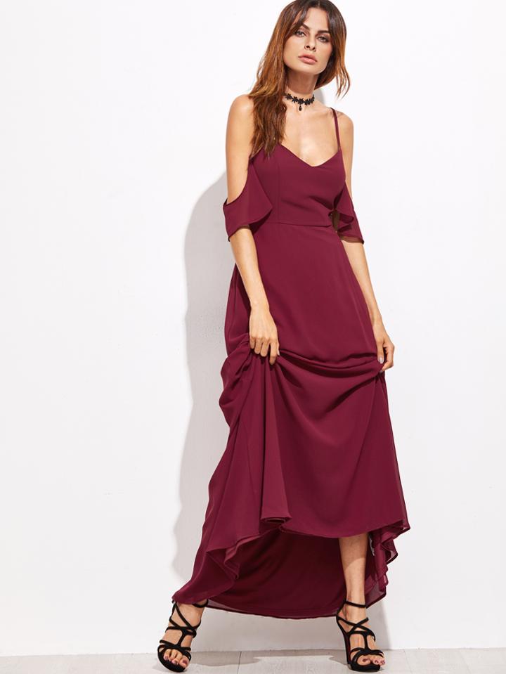 Shein Burgundy Cold Shoulder Zipper Back Maxi Dress