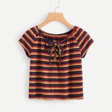 Shein Lace Up Striped T-shirt