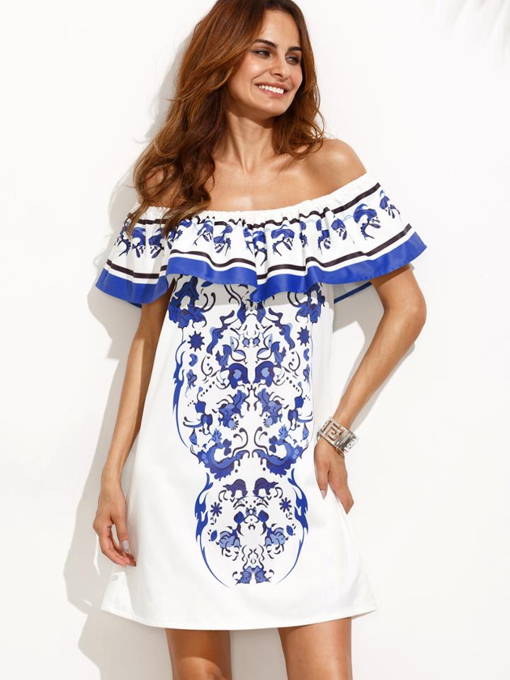 Shein Flounce Layered Neckline Porcelain Print Flare Dress