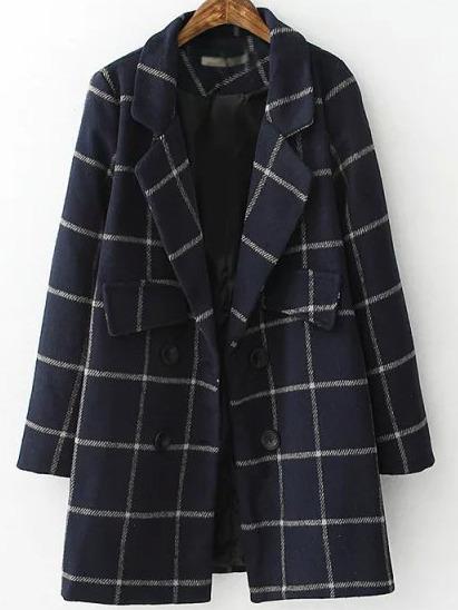 Shein Navy Grey Lapel Plaid Double Breasted Coat
