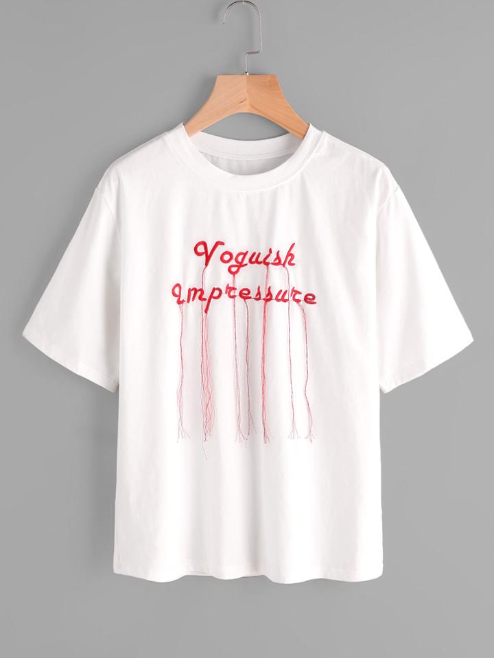 Shein Letter Embroidery Fringe Detail Tee