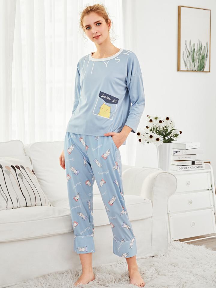 Shein Cartoon Print Top & Pants Pj Set