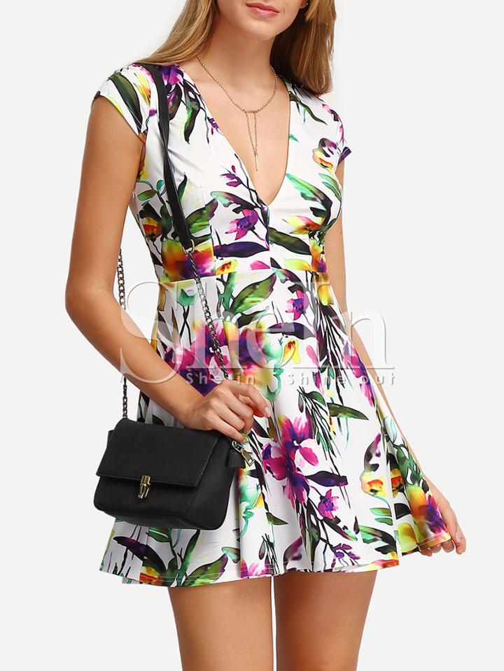 Shein Floral Print In White Deep V Neck Skater Dress
