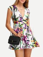 Shein Floral Print In White Deep V Neck Skater Dress