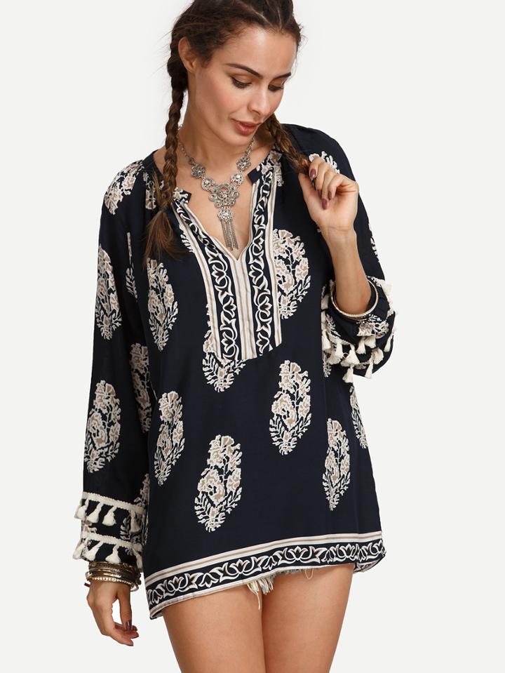 Shein Navy Vintage Print Tassel Trim Blouse